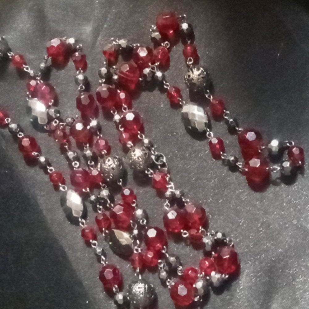 Hannah Red, Silver & Blackened Braded Long Necklace 58 Inches Long , Layered